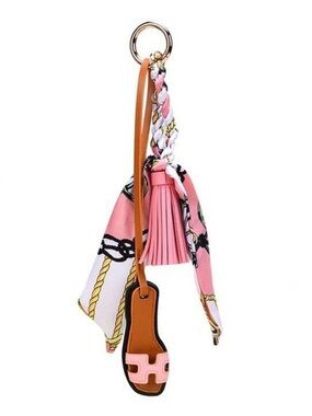 Keychain/Bag Charm Silk Scarf, Pink Leather Tassel & Hermes-Inspired Sandle